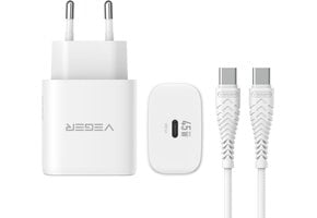 Veger snellader 45 Watt + USB-C Kabel 1,5m Nylon Wit