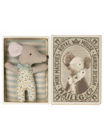 Maileg Sleepy/wakes baby mouse in matchbox Blue