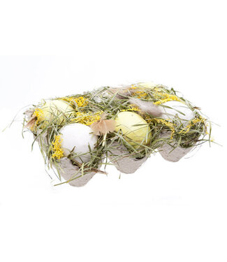 Cosy @ Home Paasei - set 6 - geel/wit - dia.6cm - in karton krat