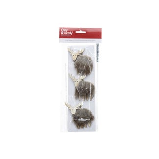 Cosy @ Home Hert hanger - set 3 - 8x8cm - hout - bruin fur