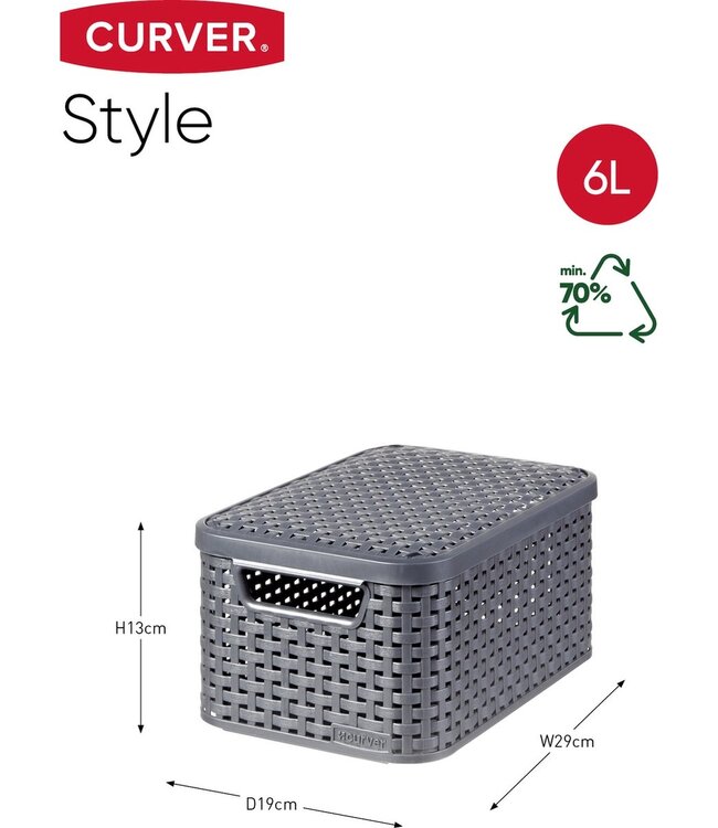Curver Mandje naturel style smal met deksel antraciet 29,1X19,8X14,2