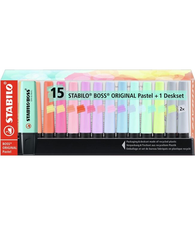 Stabilo BOSS ORIGINAL Pastel - Markeerstift - 15 Stuks Deskset - Met 14 Verschillende Kleuren