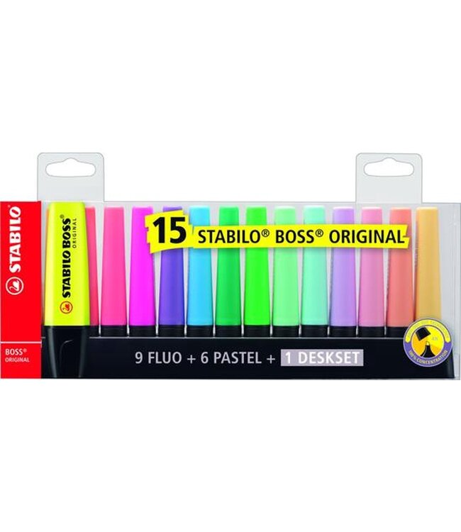 Stabilo Markeerstiften Boss Original - Mooie Fluo&Pastel Kleuren & 1 Deskset - 15 Stiften