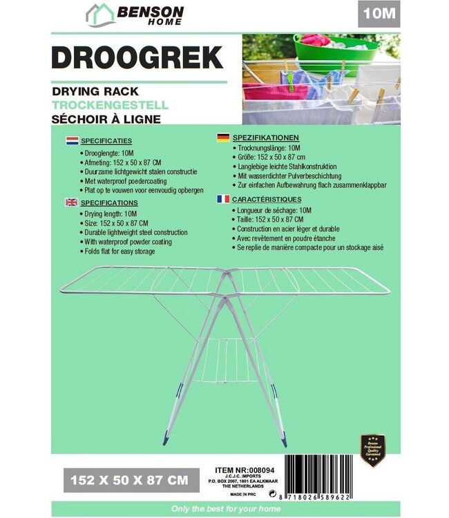 Benson Droogrek - wit - opvouwbaar -152x50H87cm