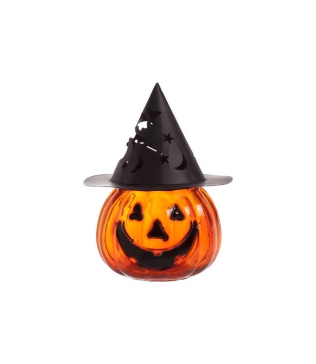 Cosy @ Home Theelichthouder pompoen glas met zwarte metalen hoed dia.10H16cm