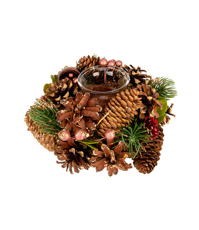 Cosy @ Home Theelichthouder - dennenappels - natuur - dia.18,5H9cm