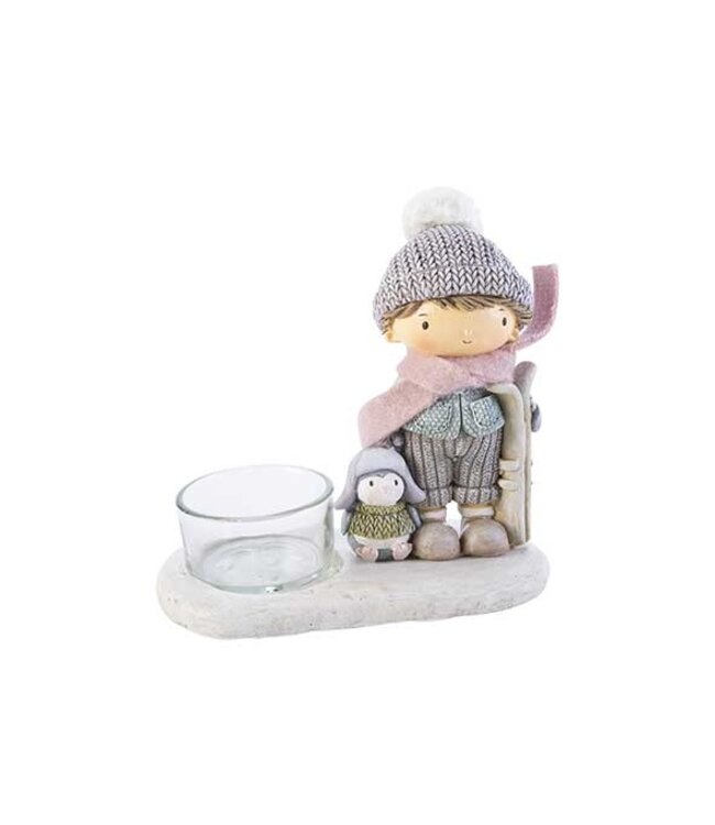 Cosy @ Home Theelichthouder jongen met pinguin - H12cm
