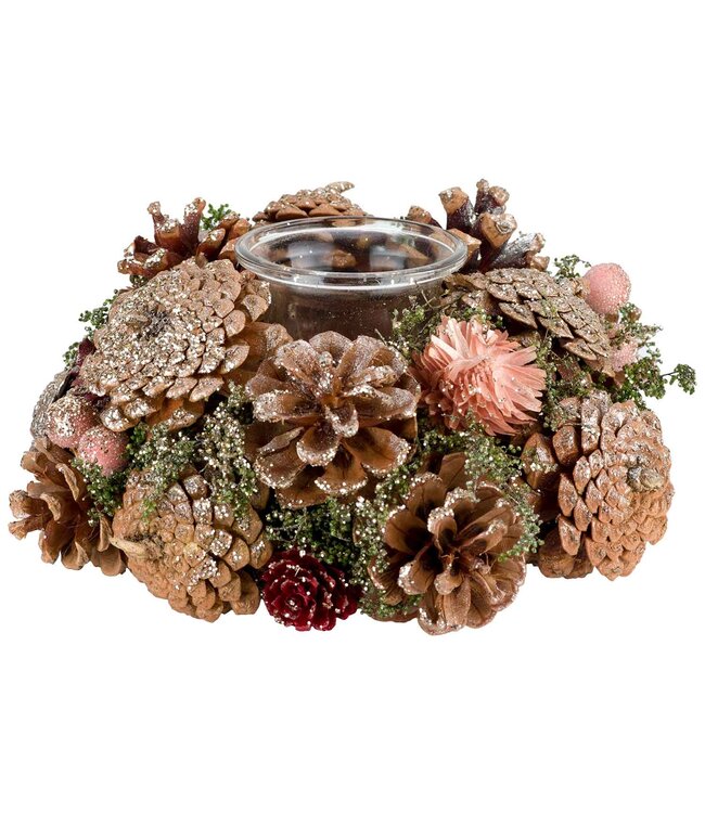 Cosy @ Home Theelichthouder dennenappel - glitter/ koper - dia.18H9cm