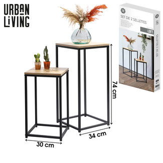 Urban Living Set van 2 Metalen Bijzettafels met Houten Blad - Industrieel Design
