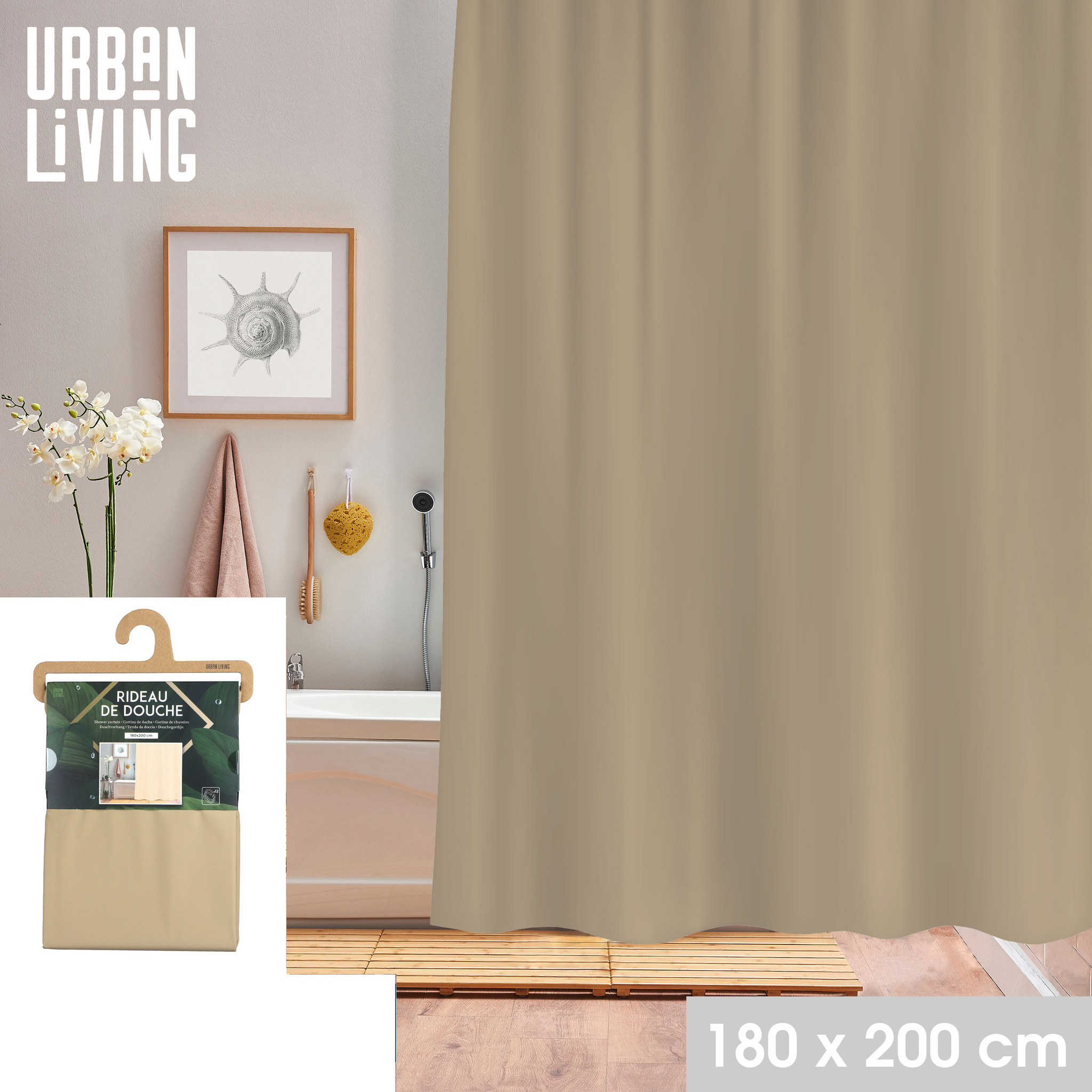 Douchegordijn 180x200cm met 12 ringen PVC beige SuperSoldi