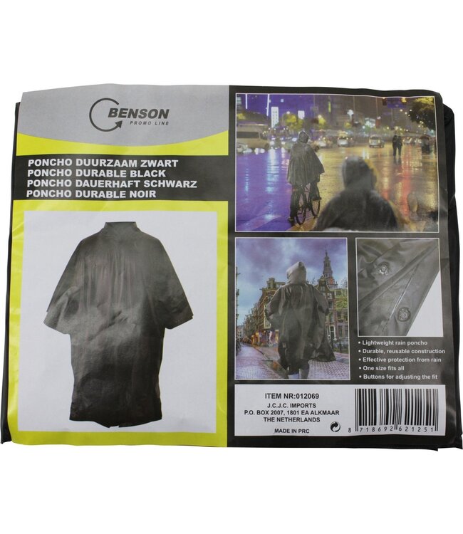 Benson Duurzame Regenponcho - zwart - voor volwassenen