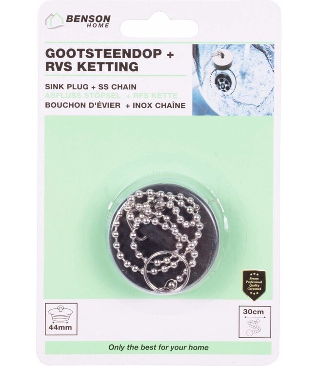 Benson Afvoerstop / gootsteen dop / gootsteenstopper - 44 mm - met RVS ketting 30 cm
