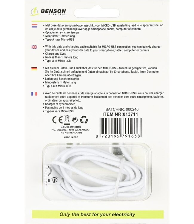 Benson Mobiele Oplader - USB naar Micro USB Kabel - 1 meter - Wit