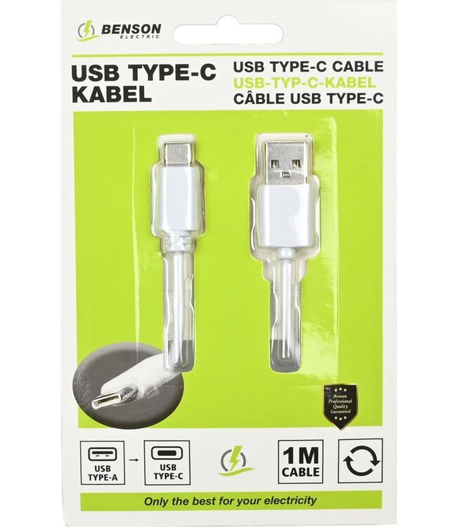 Benson Mobiele Oplader - USB naar Type C Kabel - 1 meter - Wit
