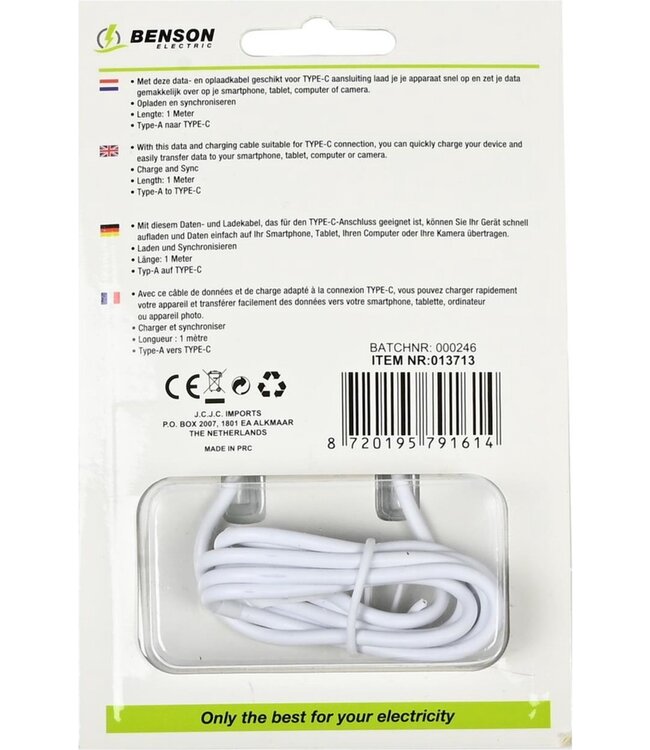 Benson Mobiele Oplader - USB naar Type C Kabel - 1 meter - Wit