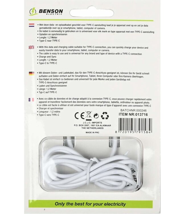 Benson Mobiele Oplader - Type C naar Type C Kabel - Wit
