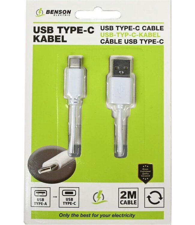 Benson Mobiele Oplader - USB naar Type C Kabel - 2 meter - Wit