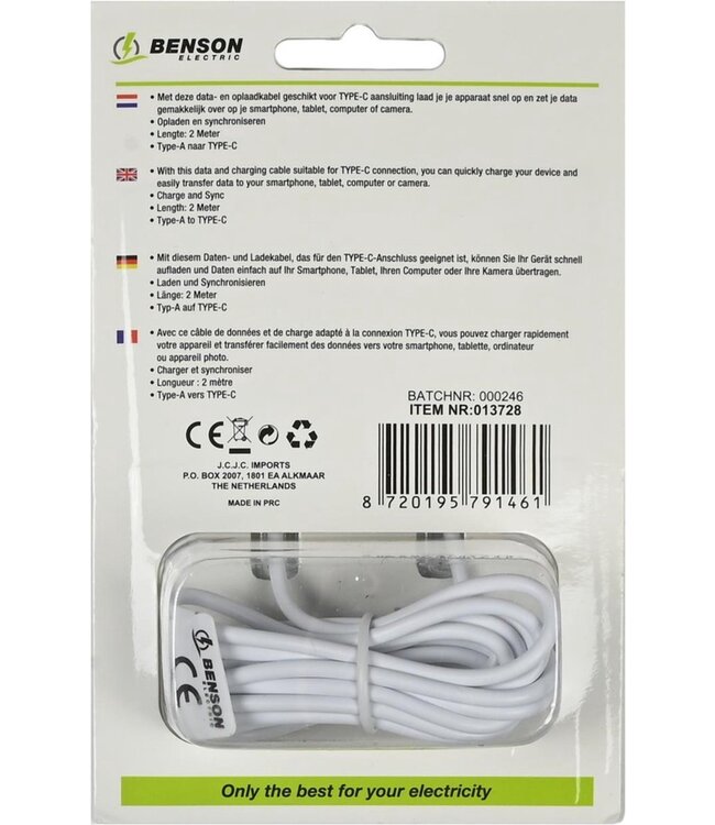 Benson Mobiele Oplader - USB naar Type C Kabel - 2 meter - Wit