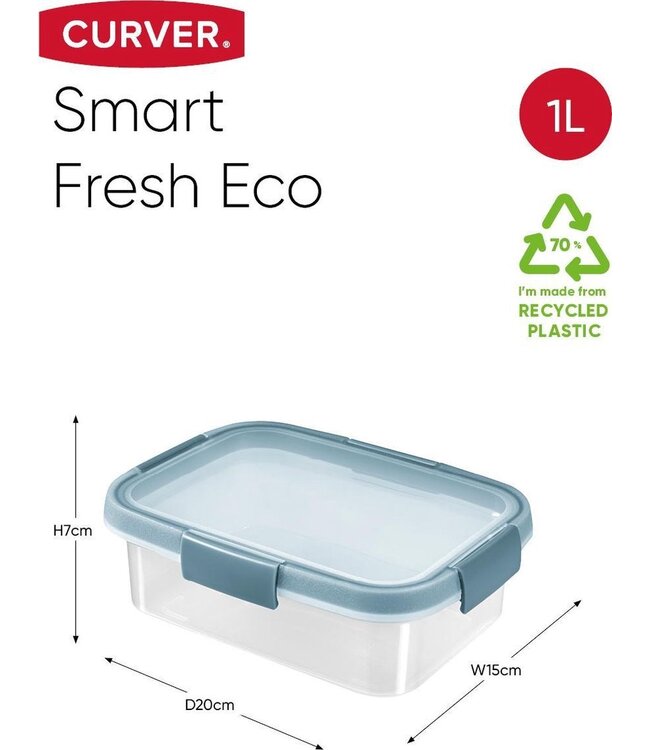 Curver Smart Fresh Eco Vershoudbakje met deksel - Rechthoekig - 1L - Blauw/Transparant