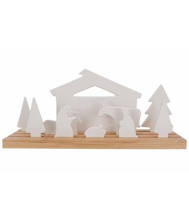 Cosy @ Home Kerststal - wit op houten basis - 40x12H18cm