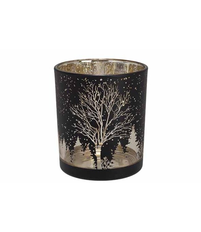Cosy @ Home Theelichthouder - Golden Trees - Zwart - dia.9H10cm - glas