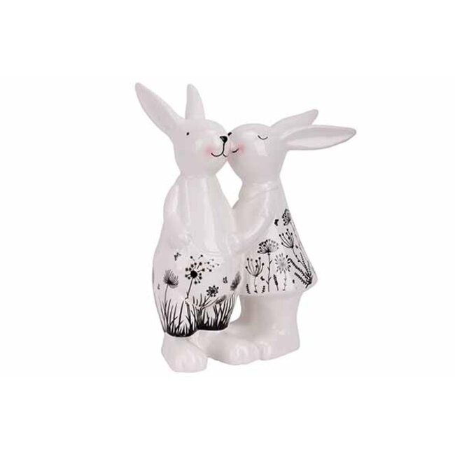 Cosy @ Home Koppel konijnen - bloemen - wit/zwart - 14,3x9,4H19,3cm