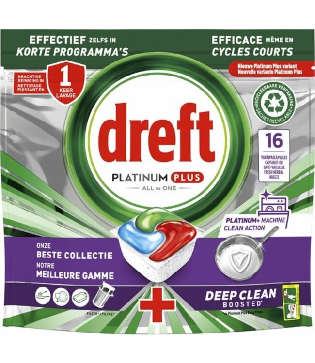 Dreft Platinum Plus All In One Vaatwastabletten - 16 stuks -  Fresh Herbal Breeze