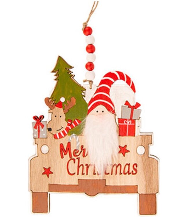 Cosy @ Home Hanger kerstman in auto - 13x11cm - hout