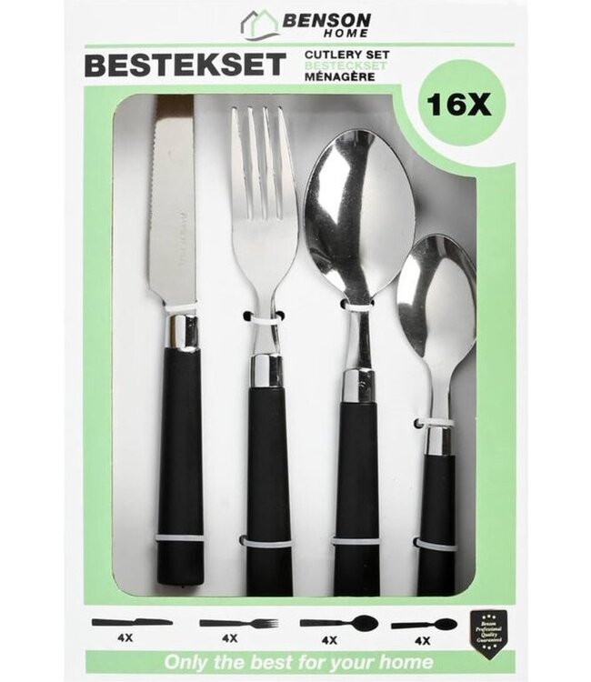 Benson 16-delige bestekset - Modern design - Zwarte handvaten - RVS