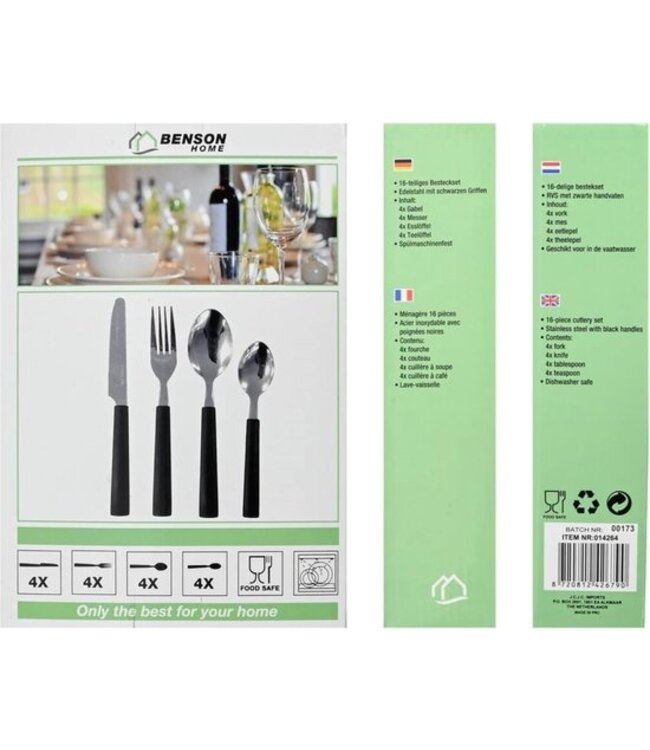 Benson 16-delige bestekset - Modern design - Zwarte handvaten - RVS