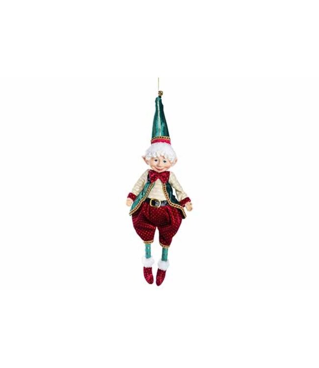 Cosy @ Home Figuur Elf Hanging – Bordeaux/Groen – 40 cm