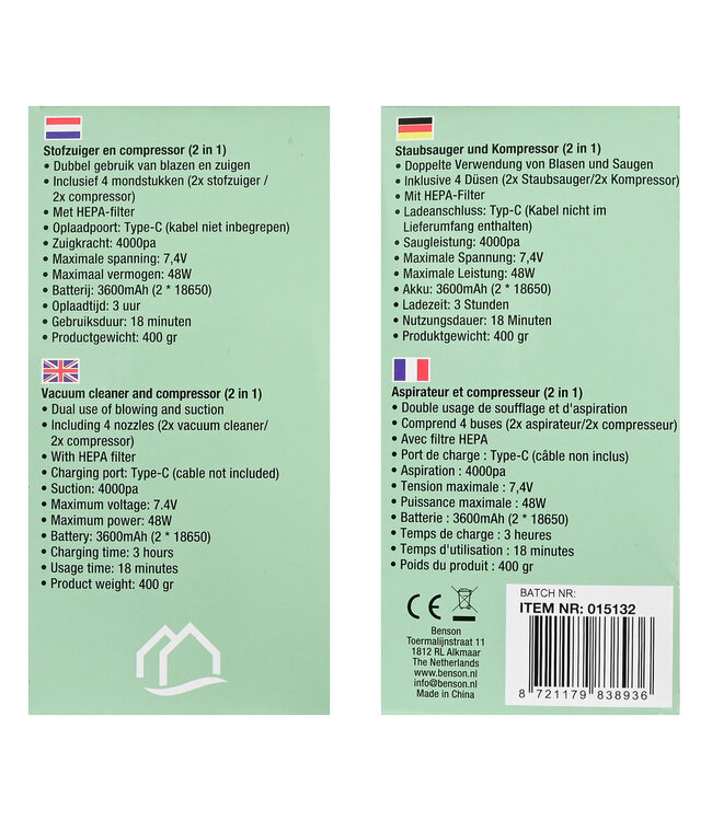 Benson 2-in-1 Stofzuiger & Compressor – Krachtig en Compact