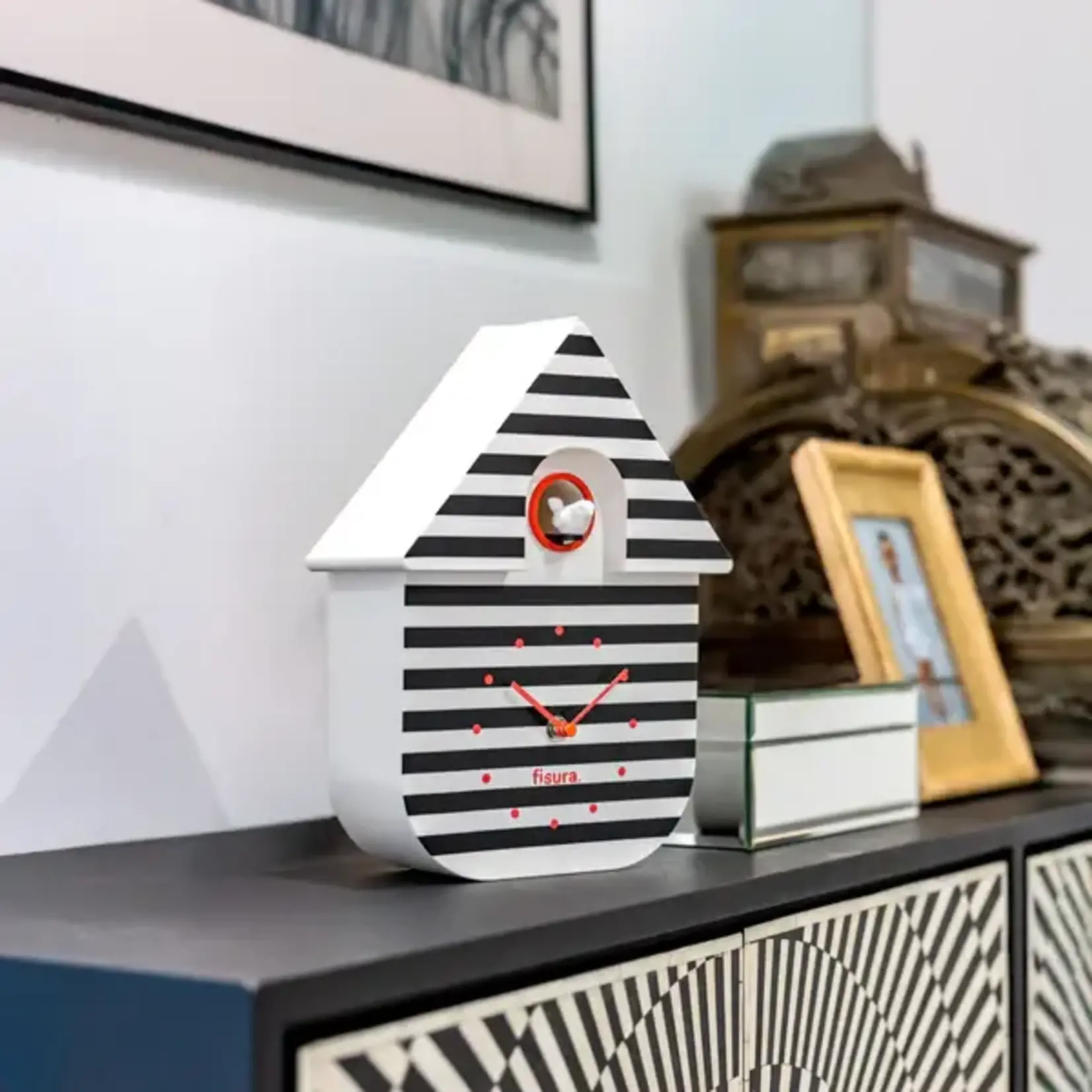 FISURA FISURA - Horloge Maison Coucou - Rayures blanc/noir