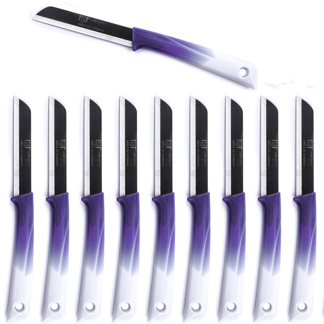 Solingen Schilmesje – RVS Glad – 19 cm met Blade Cover – Bi-Color Paars met Wit – 10 stuks