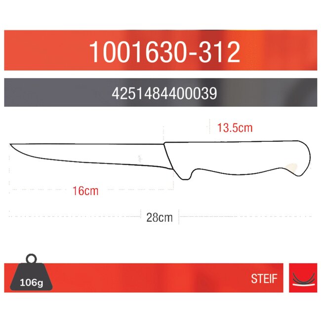 Eikaso Solingen Professioneel Uitbeenmes 16 cm – Stijf RVS Lemmet – Ergonomisch Geel Heft