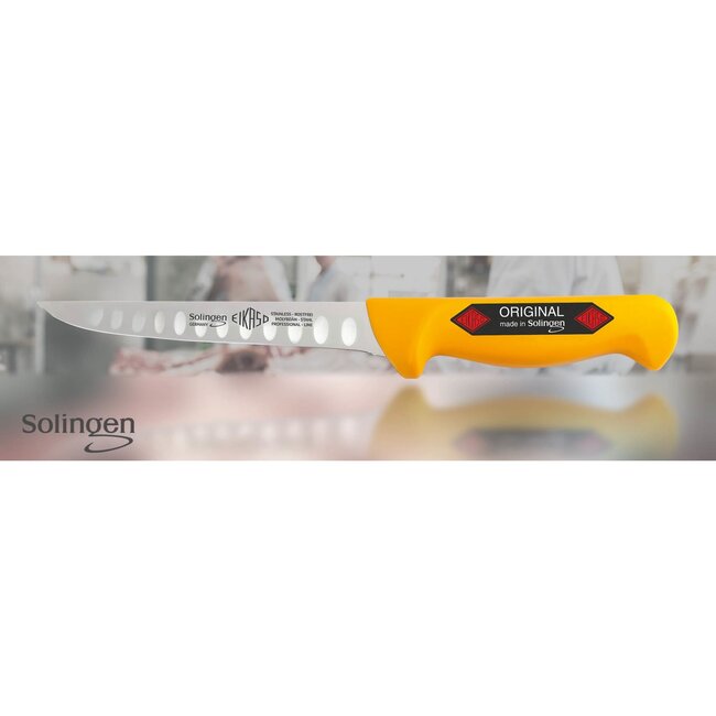 Eikaso Solingen Uitbeenmes 13 cm – Stijf Lemmet met Kuiltjes – Ergonomisch Geel Handvat