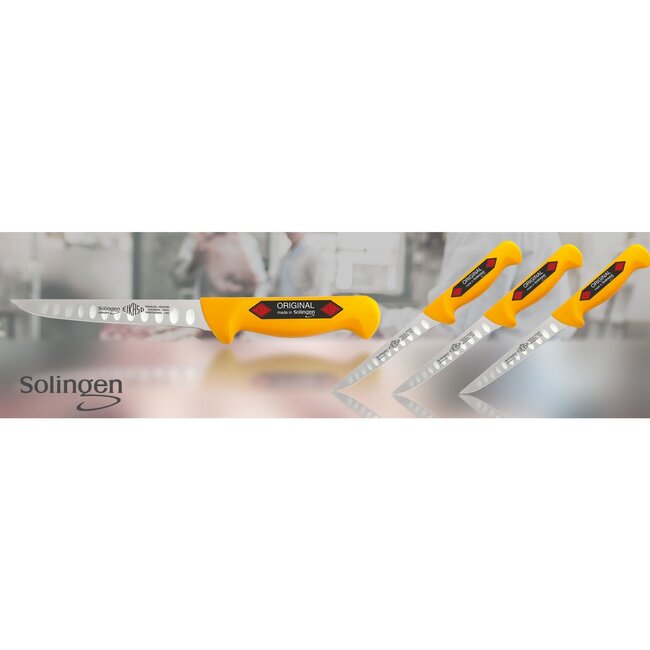 Eikaso Solingen 16 cm Uitbeenmes met Kuilen – Stijf Lemmet – Ergonomisch Geel Handvat