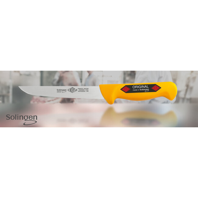 Eikaso Solingen Uitbeenmes 16 cm – Stijf Breed Lemmet – Ergonomisch Geel Heft