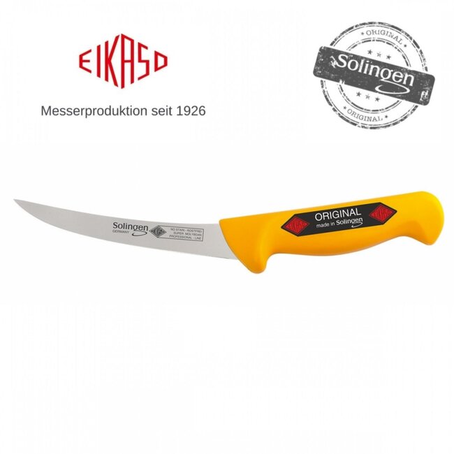 Eikaso Solingen Uitbeenmes 13 cm – Semi-Flexibel Gebogen Lemmet – Ergonomisch Geel Handvat