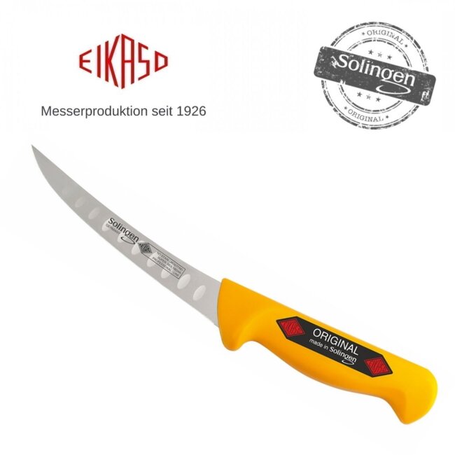 Eikaso Solingen Uitbeenmes met Gebogen Lemmet en Kuilen – 16 cm – Geel – Stijf