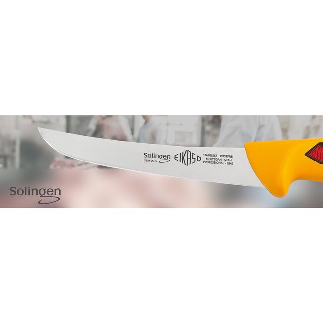 Eikaso Solingen Gebogen Uitbeenmes – Stijf Lemmet 16 cm – Ergonomisch Geel Handvat