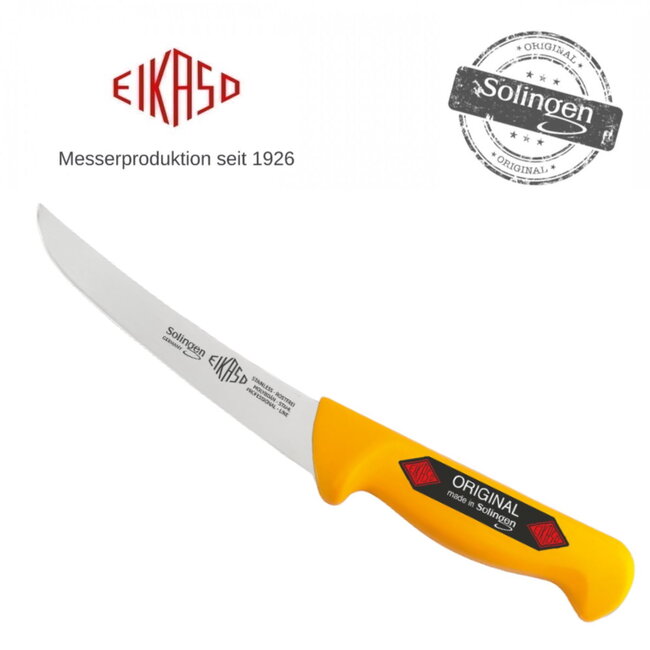 Eikaso Solingen Gebogen Uitbeenmes – Stijf Lemmet 16 cm – Ergonomisch Geel Handvat