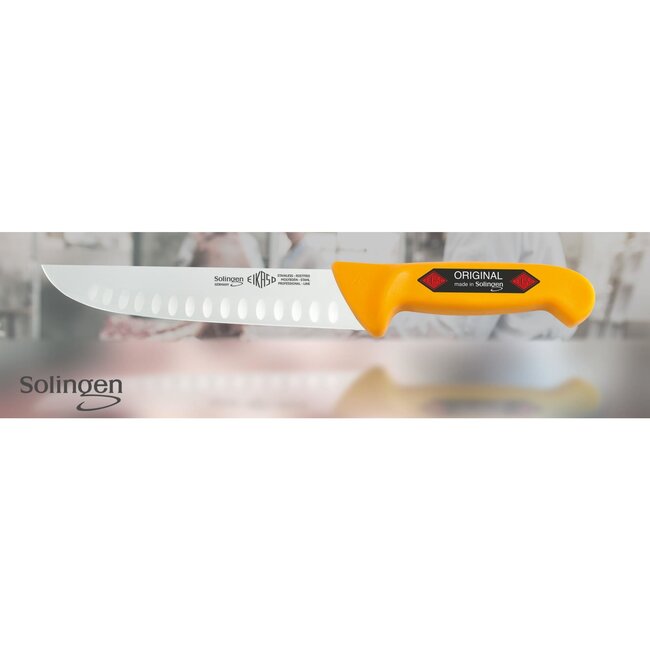 Eikaso Solingen Slagersmes met Kuilen – Stijf Lemmet 23 cm – Ergonomisch Geel Heft