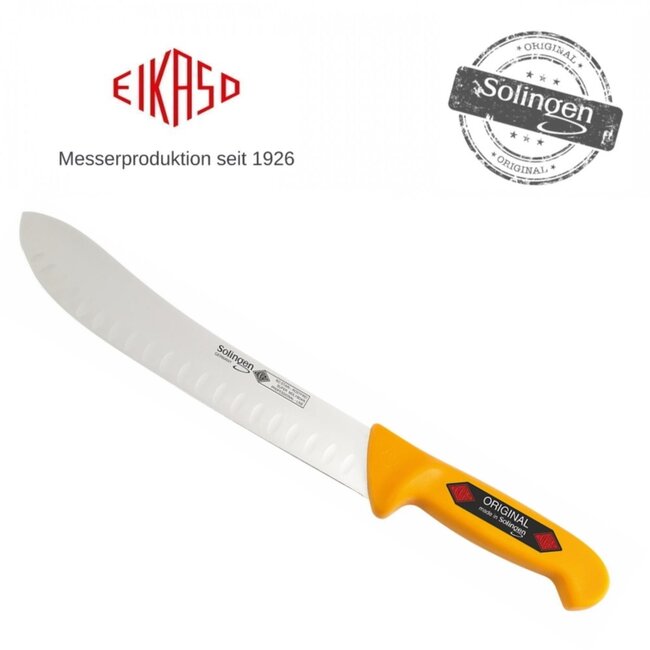 Eikaso Solingen Slagersmes met Bull Nose en Kuilen – Geel Handvat – 26 cm Lemmet – Stijf