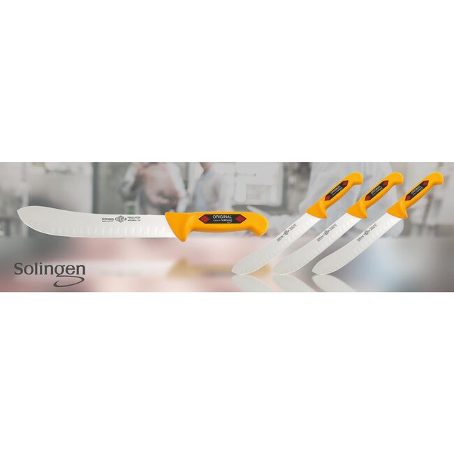 Eikaso Solingen Slagersmes met Bull Nose en Kuilen – Geel Handvat – 26 cm Lemmet – Stijf
