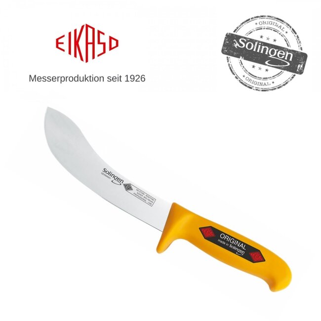 Eikaso Solingen Haakvormig Vilmes – 18cm – Veiligheidsheft – Stijf Lemmet – Geel