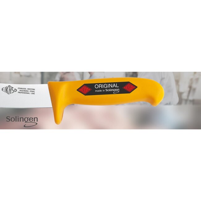 Eikaso Solingen Haakvormig Vilmes – 18cm – Veiligheidsheft – Stijf Lemmet – Geel