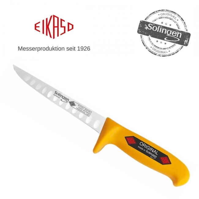 Eikaso Solingen Uitbeenmes 13 cm – Stijf Lemmet met Kuilen – Geel Ergonomisch Heft