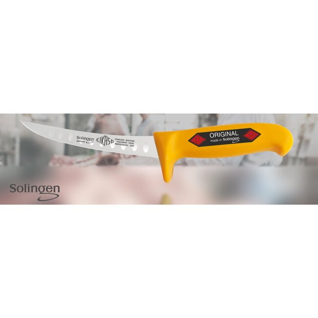 Eikaso Solingen Uitbeenmes 16 cm – Gebogen Lemmet met Kuilen – Stijf RVS – Geel Profitect Heft