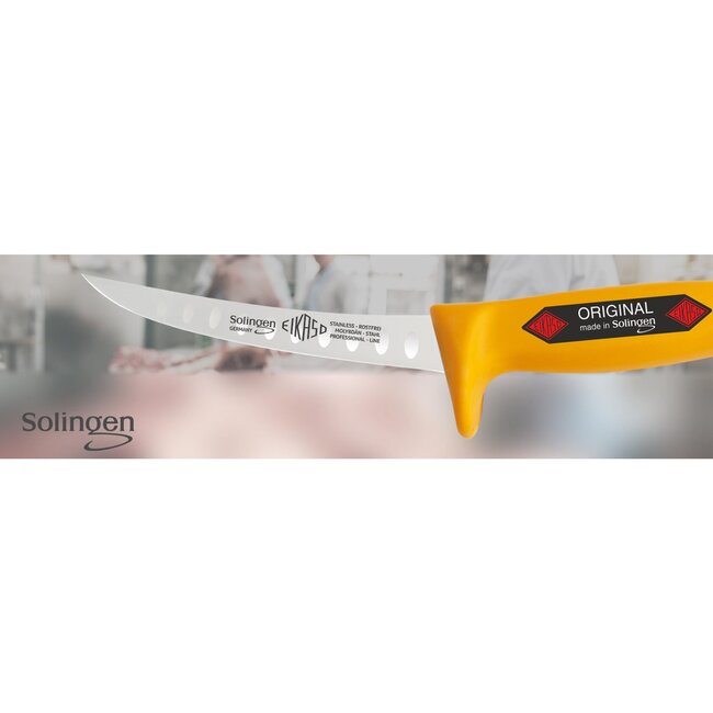 Eikaso Solingen Uitbeenmes 13 cm – Gebogen met Kuilen – Stijf Lemmet – Geel Heft